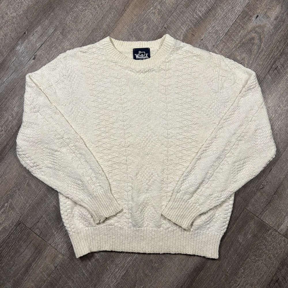 Vintage Woolrich Sweater Mens Large white Chunky Knit Heavyweight Crewneck
